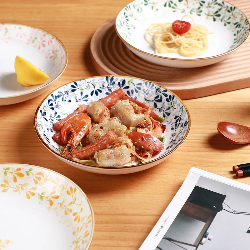 4pcs 8in/20.2cm Floral Ceramic Plates - Cute Pasta/Salad/Dessert Plates，Kitchen Restaurant Tableware，Microwave & Dishwasher Safe