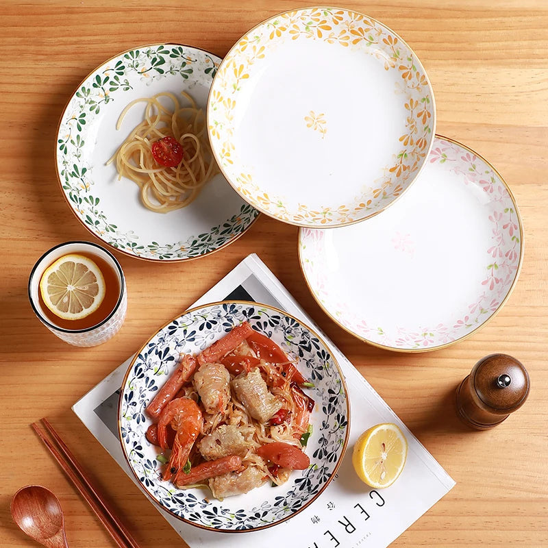 4pcs 8in/20.2cm Floral Ceramic Plates - Cute Pasta/Salad/Dessert Plates，Kitchen Restaurant Tableware，Microwave & Dishwasher Safe