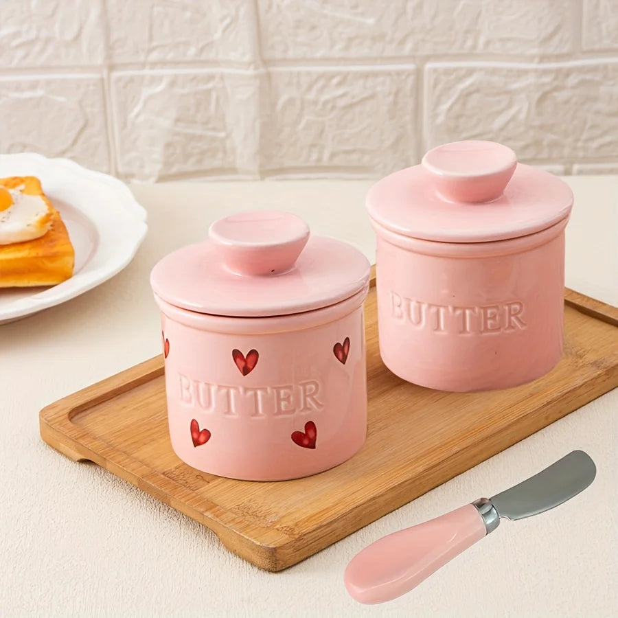 1pc Ceramic Butter Crock with Lid & Knife, Elegant Pink French Butter Crock Butter Dish for Spreadable Soft Butter, Porcelain Bu