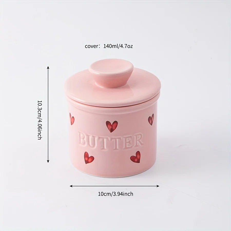 1pc Ceramic Butter Crock with Lid & Knife, Elegant Pink French Butter Crock Butter Dish for Spreadable Soft Butter, Porcelain Bu